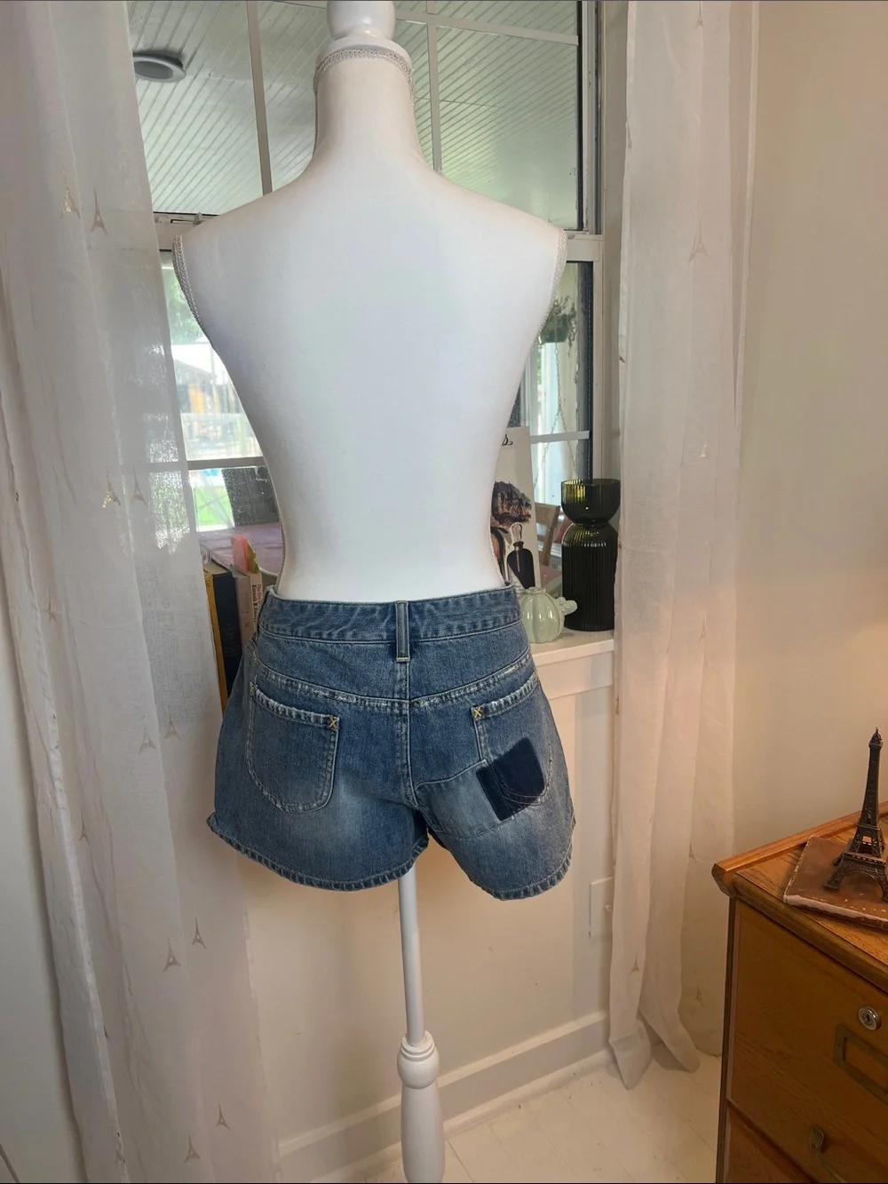 Old Navy Blue Patchwork ultra low waist button fly Denim Shorts size 14.